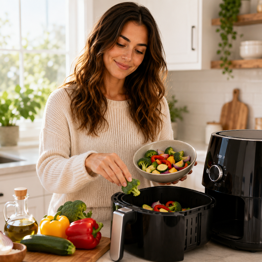 Woman placing vegetables in an air fryer basket on a clean kitchen counter -- is air fryer healthy, from LifestyleMine.
