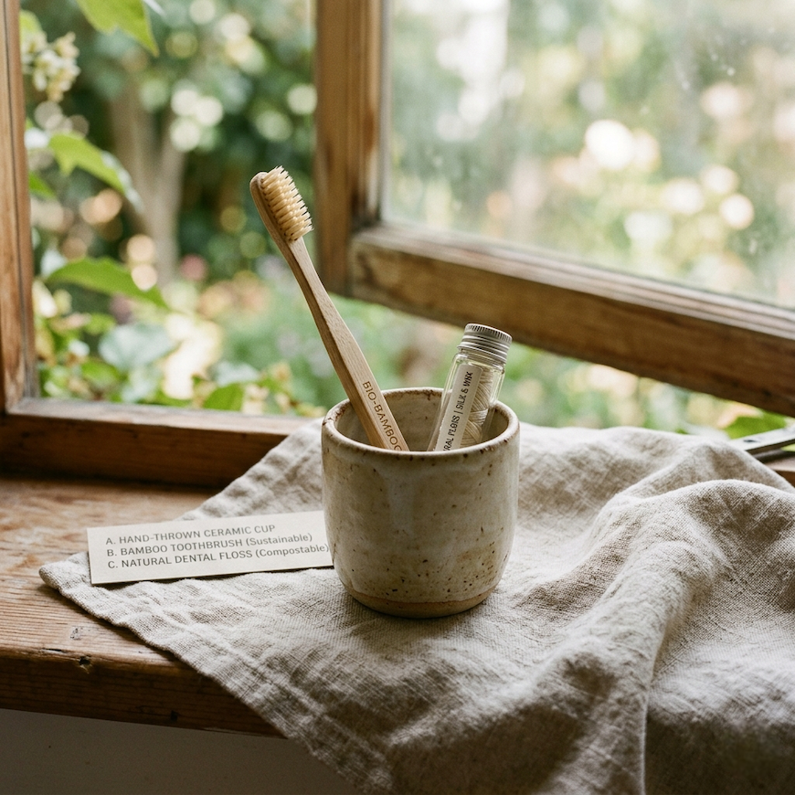 A hand-thrown ceramic cup with a bamboo toothbrush and natural dental floss on a linen cloth, morning light — oral care habits and mistakes explained.