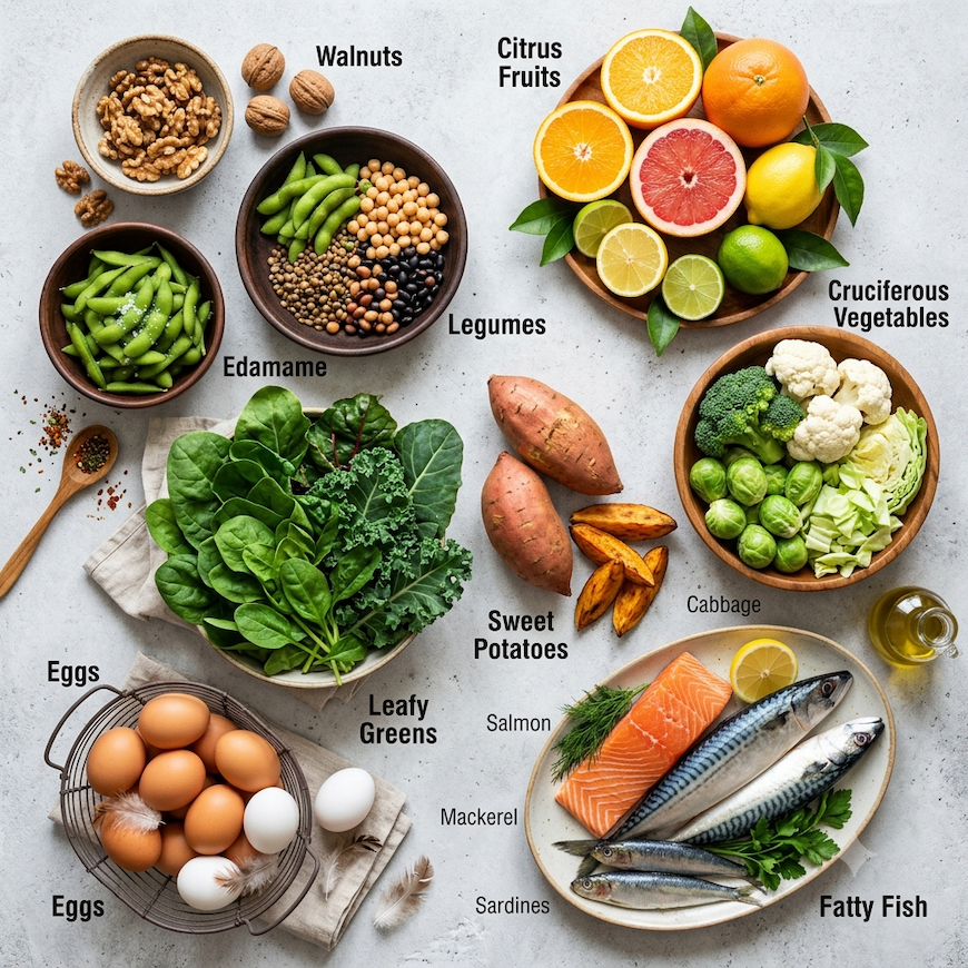 flat lay of the 8 foods your body needs