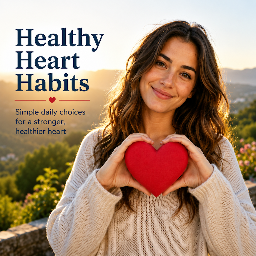Woman holding a heart shape with both hands outdoors in morning light -- healthy heart habits and heart disease prevention from LifestyleMine.