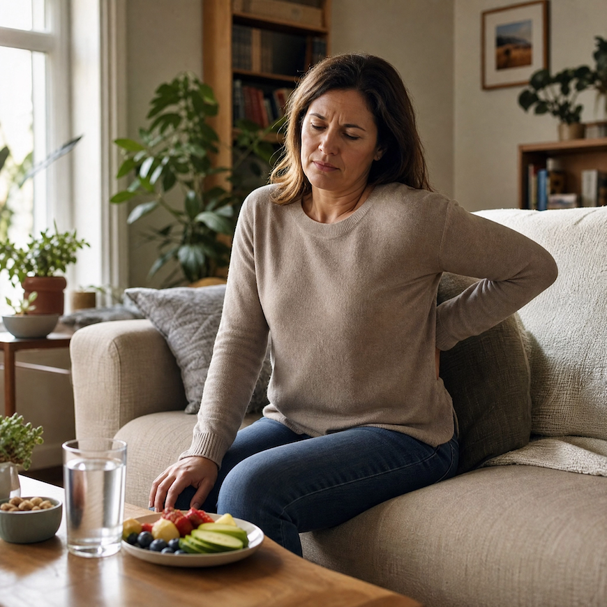 a person at home, showing subtle signs of fatigue and discomfort in a cozy living room setting - -- kidney problems signs and kidney health from LifestyleMine