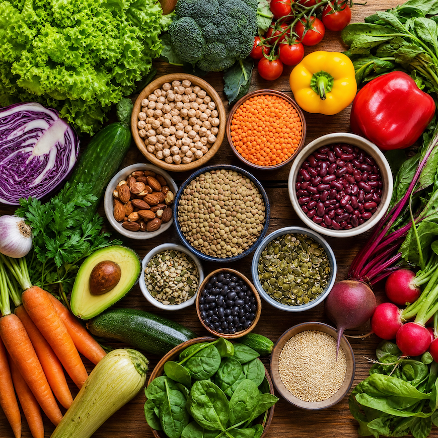 Colorful spread of fresh vegetables, legumes, and plant foods arranged on a wooden table -- vegetarian diet benefits from LifestyleMine.