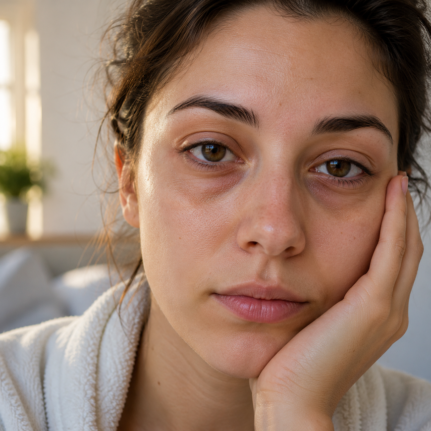 Close-up of a woman's face with visible puffiness under the eyes in soft morning light -- foods that cause puffy eyes from LifestyleMine.