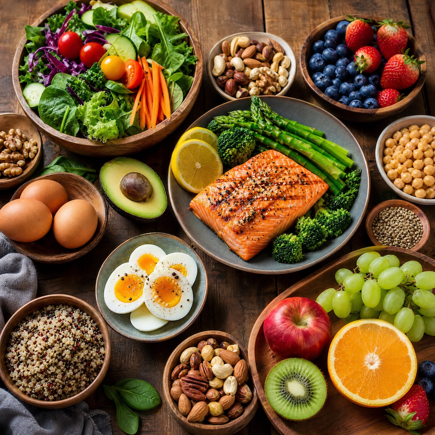 Colorful spread of whole foods including vegetables, salmon, eggs, nuts, and fruit arranged on warm wood -- importance of healthy nutrition from LifestyleMine.
