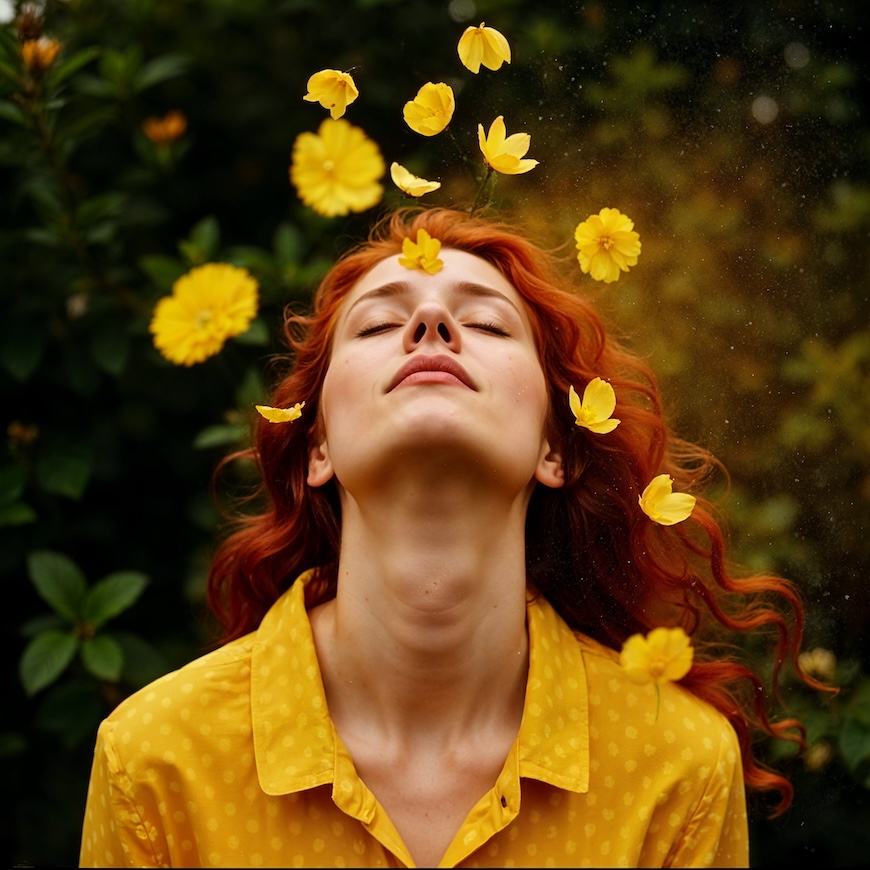 Woman doing deep breathing exercise outdoors in fresh morning air, green park background -- healthy habits for lungs from LifestyleMine.