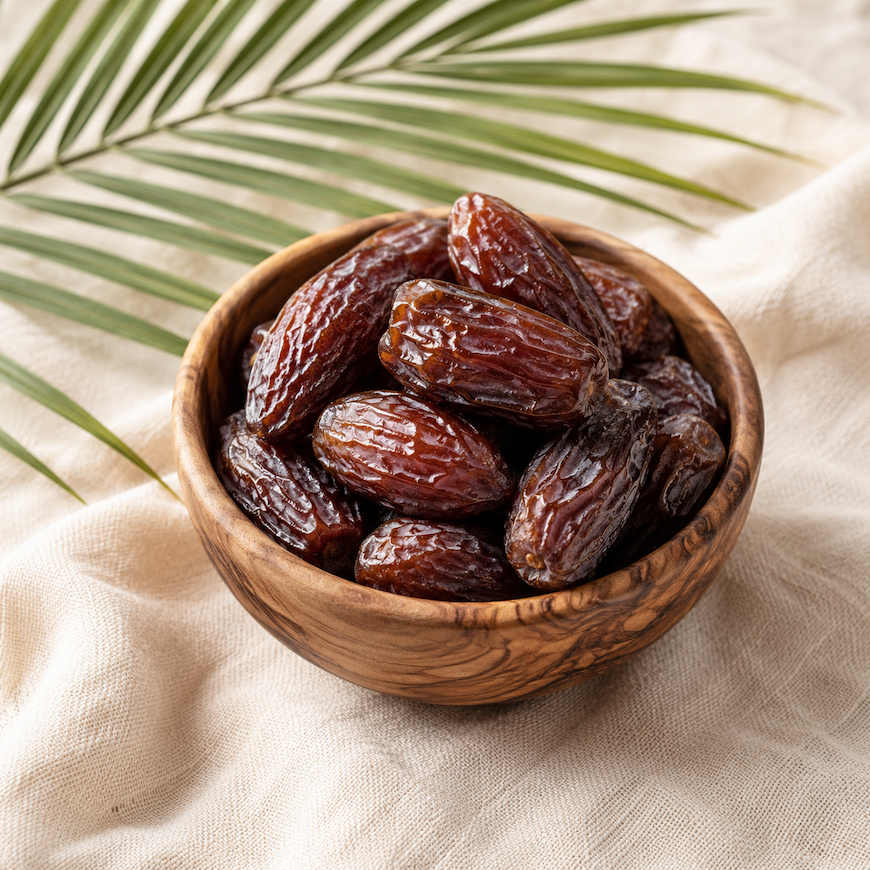 wooden bowl of Medjool dates with date palm leaf on cream linen background - benefits of eating dates