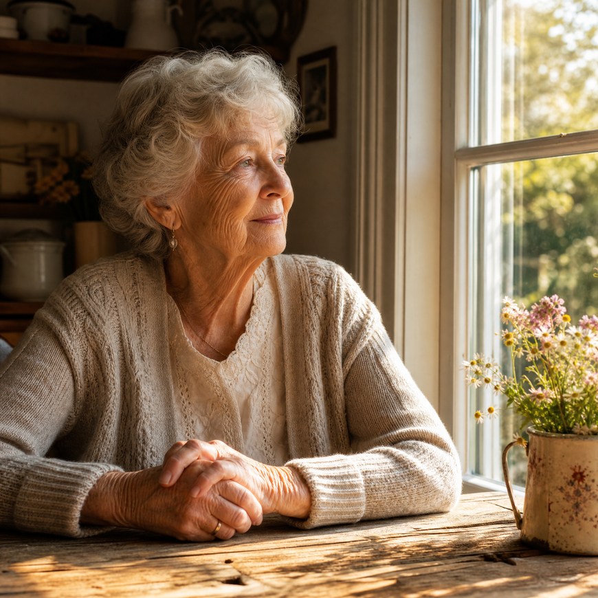 Elderly woman sitting by a sunny window, looking thoughtful, hands folded on a wooden table -- early signs of Alzheimer's and brain health from LifestyleMine.