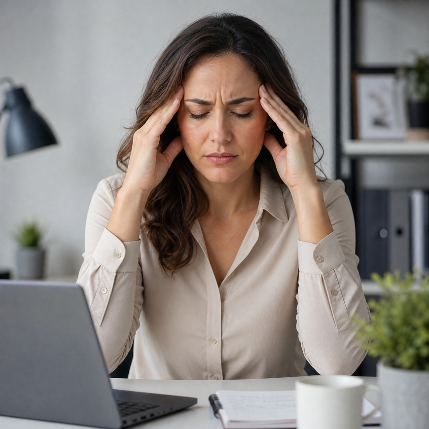 Woman sitting at a desk with eyes closed, pressing her fingers to her temples for natural headache remedies from LifestyleMine.