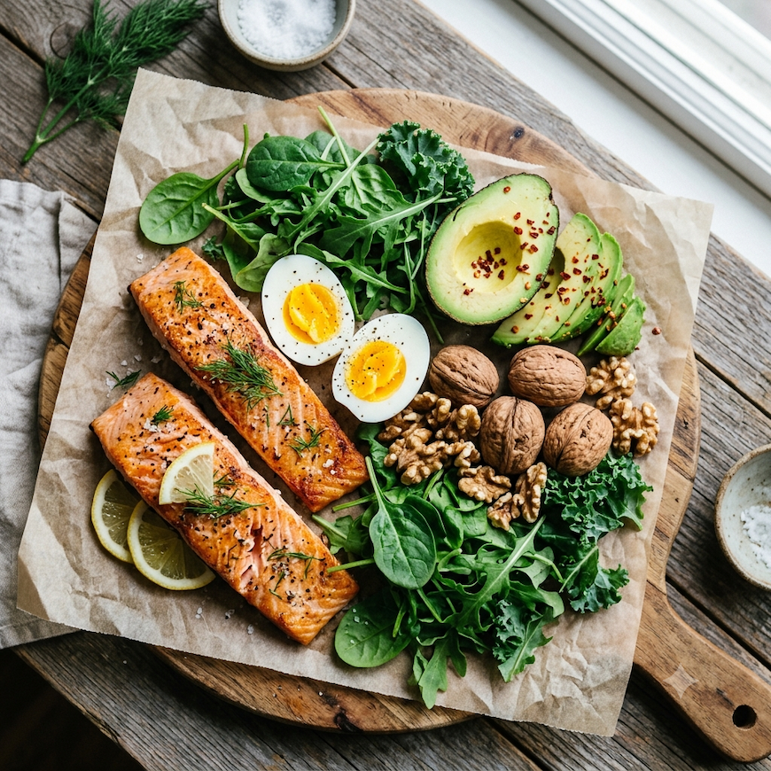 A wooden board with salmon, eggs, avocado, walnuts, and leafy greens on parchment linen — foods for healthy hair skin and nails