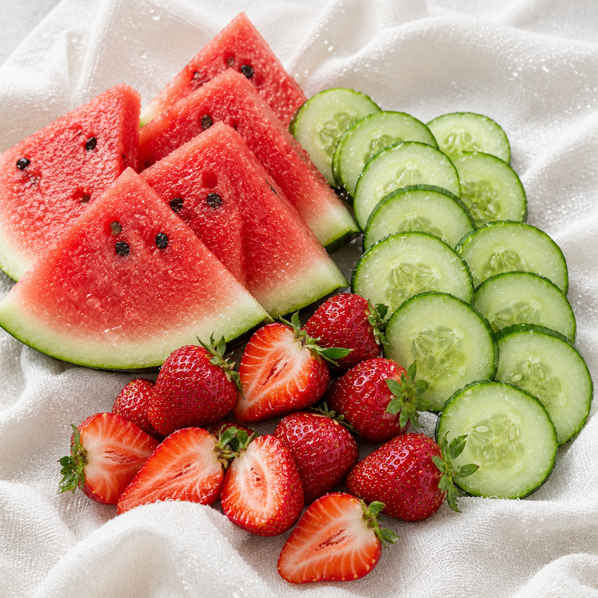 hydrating foods - a sliced watermelon cucumber and strawberries arranged on white linen with water droplets