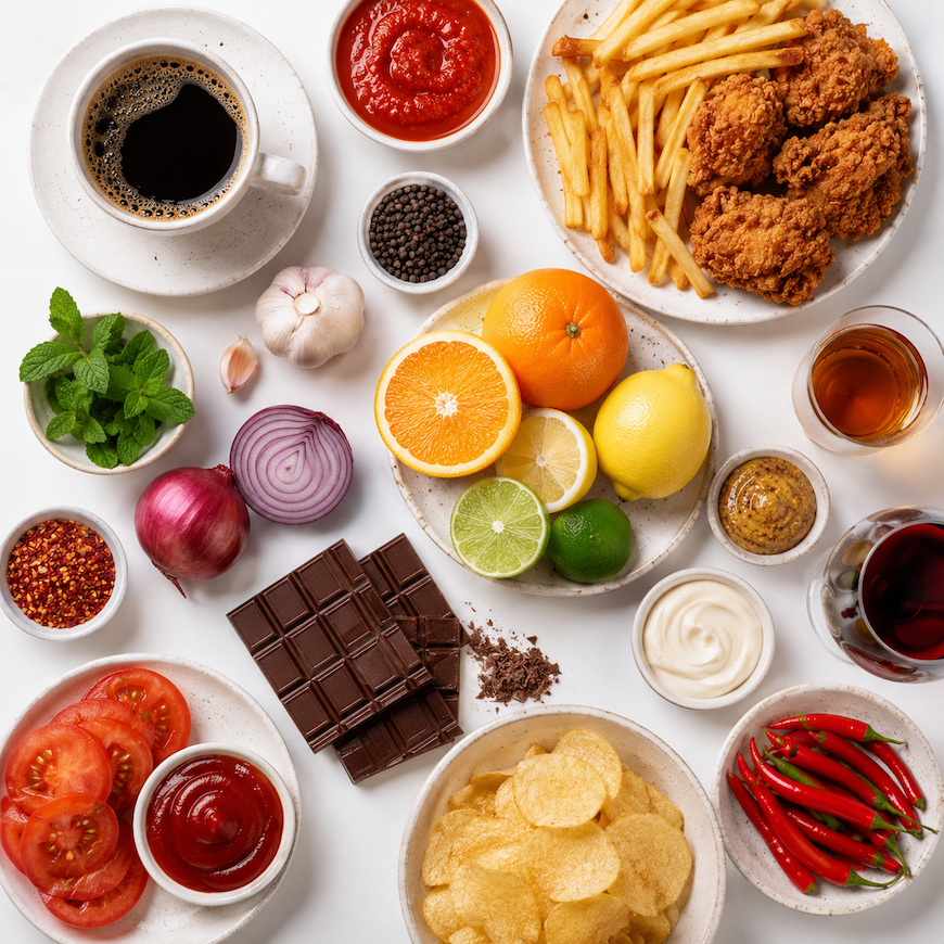 flat lay of acid reflux trigger foods including coffee citrus chocolate and fried food on white surface - foods that cause acid reflux