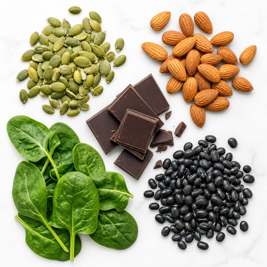 pumpkin seeds almonds dark chocolate spinach and black beans arranged on white background representing foods high in magnesium - signs of magnesium deficiency