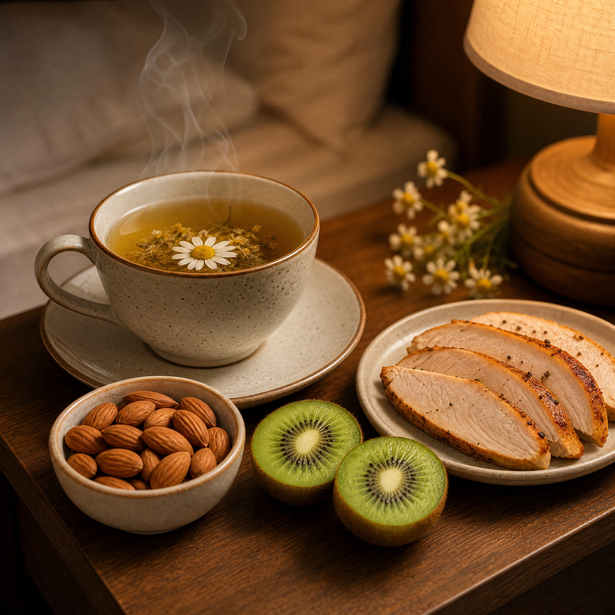 foods for uninterrupted sleep — chamomile tea almonds kiwi and turkey on a wooden bedside table with soft lamp light