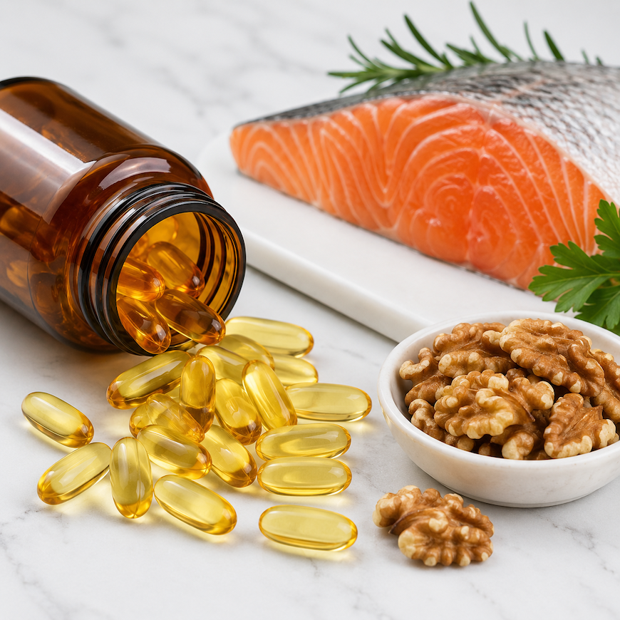 Fish oil capsules spilling from amber bottle beside fresh salmon and walnuts on white surface.png