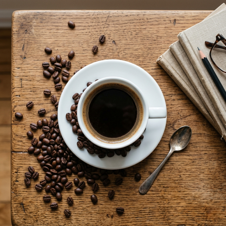 overhead view of black coffee in white ceramic cup on wooden table with coffee beans scattered around representing daily coffee benefits and effects