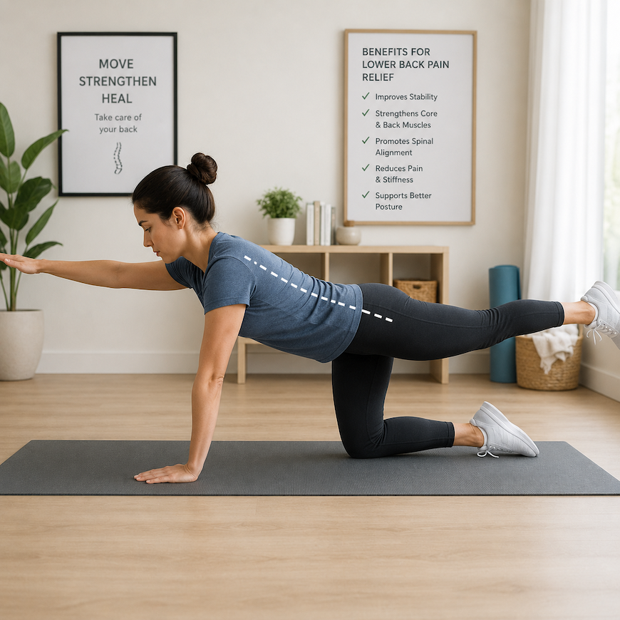 woman doing bird-dog exercise on yoga mat for lower back pain relief with neutral spine alignment