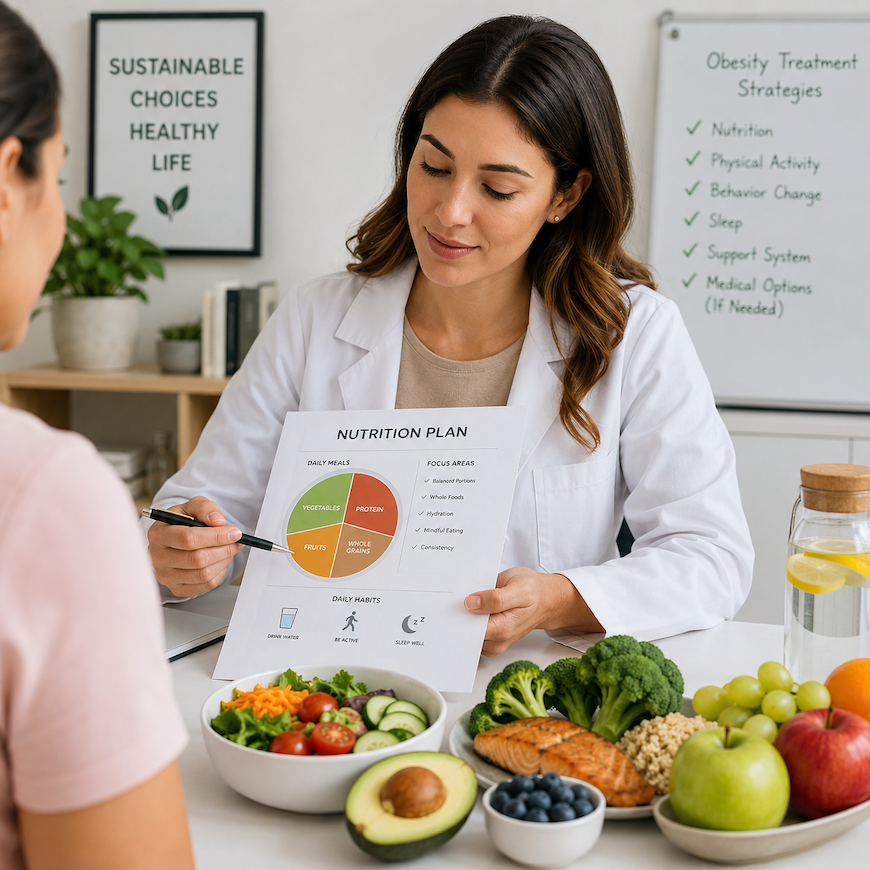 woman reviewing nutrition plan with healthy food on table representing obesity treatment strategies