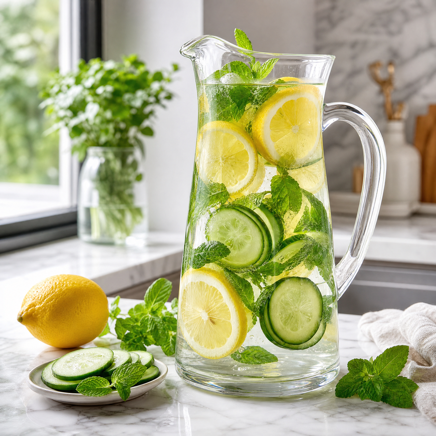 glass pitcher of cucumber lemon and mint detox water with fresh ingredients on a white marble kitchen counter bright natural light - detox water for weight loss