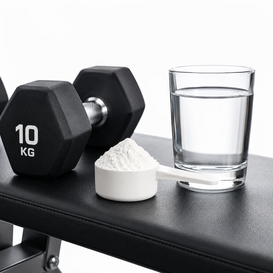 creatine monohydrate powder in a scoop next to dumbbells and a glass of water on a clean gym bench white background - creatine benefits