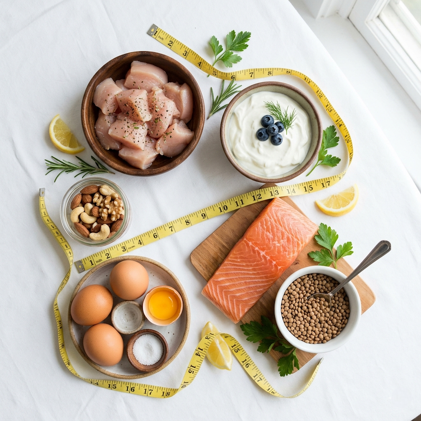 daily protein foods flat lay showing chicken breast salmon eggs Greek yogurt lentils and nuts arranged on white surface with measuring tape - protein calculator