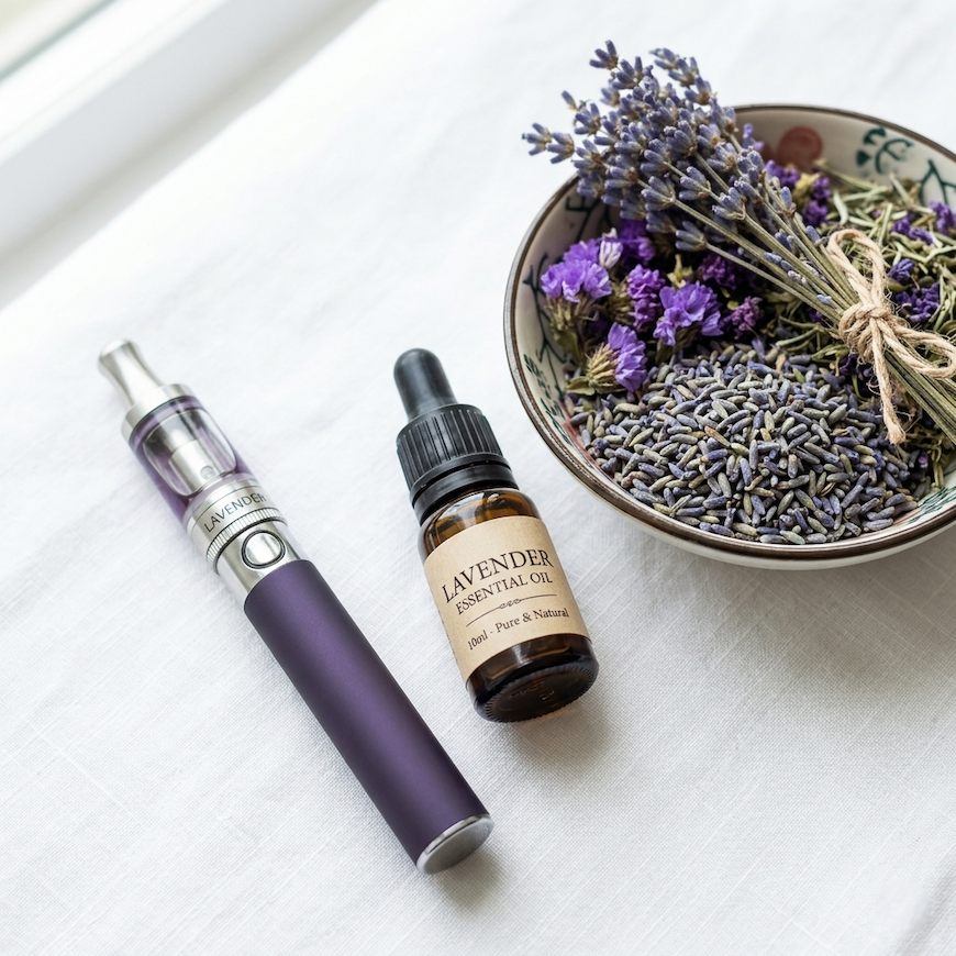 essential oil vape pen beside lavender oil bottle and dried herbs on white background with soft natural light - vaping essential oils