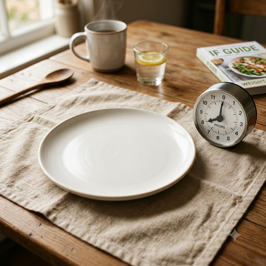 A kitchen timer set to 8 hours beside an empty white ceramic plate on warm linen — intermittent fasting for weight loss guide