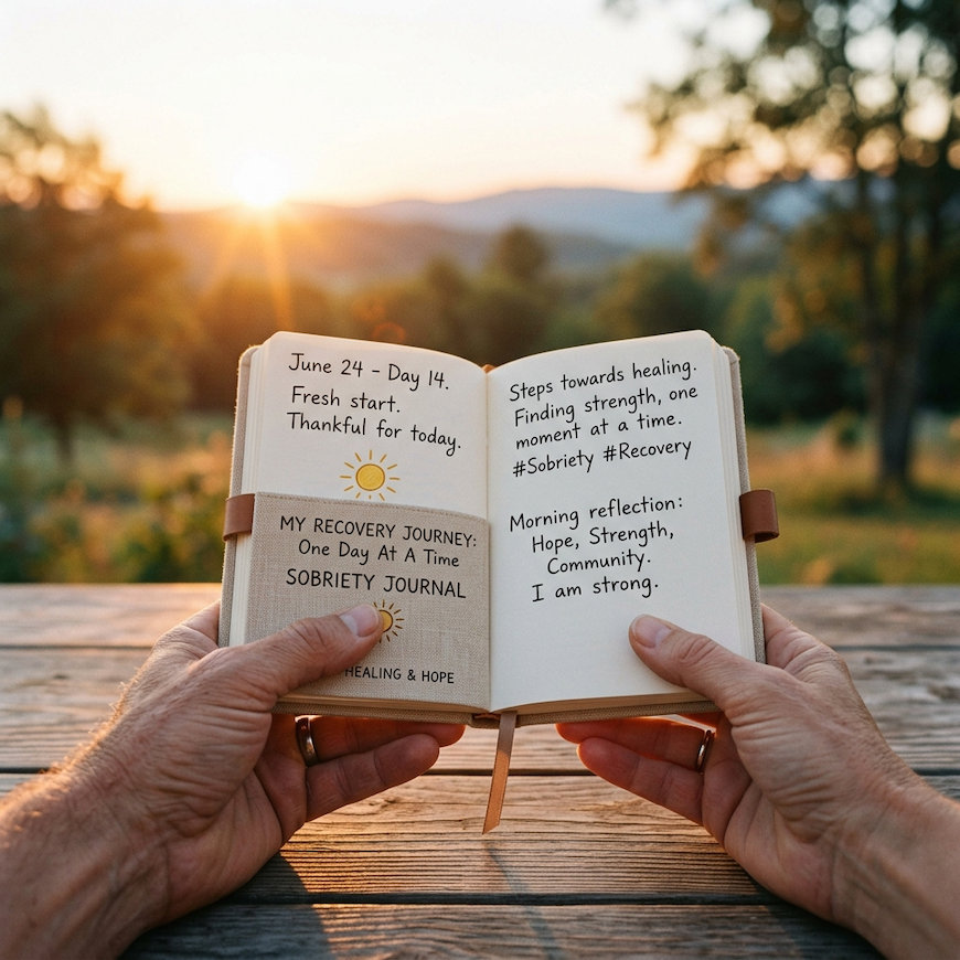 supportive hands holding a recovery journal with morning light symbolizing alcohol rehabilitation and sobriety journey