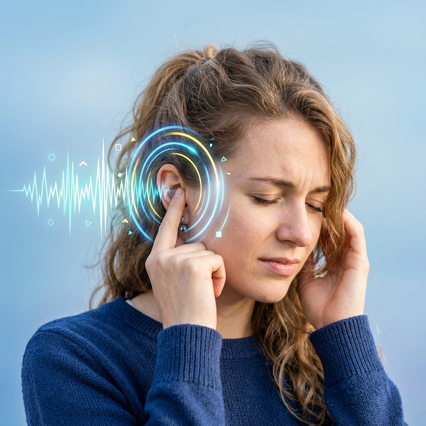 person holding ear with sound wave graphic illustrating tinnitus ringing symptoms against soft blue background - tinnitus causes