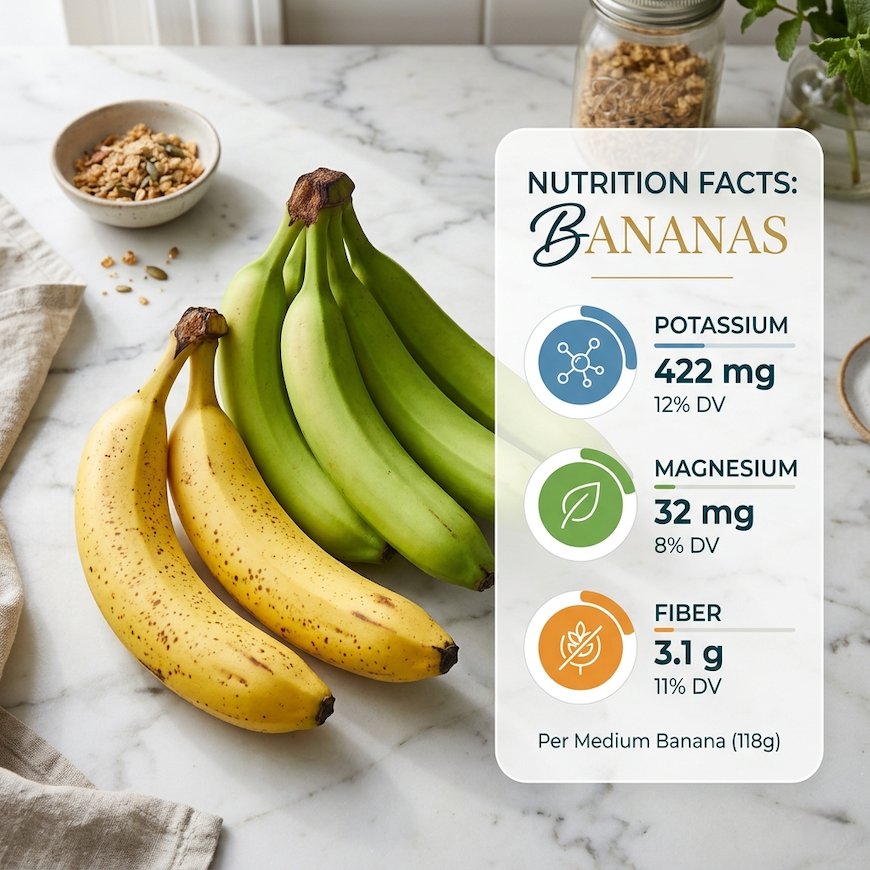 ripe and green bananas on white marble surface with nutrition facts overlay showing potassium magnesium and fiber content - banana benefits