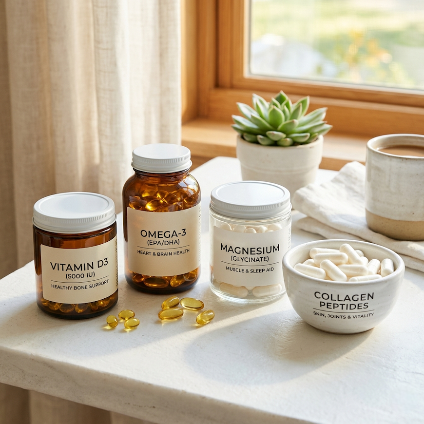assortment of supplements for healthy aging including vitamin D omega-3 magnesium and collagen capsules arranged on white surface with morning light