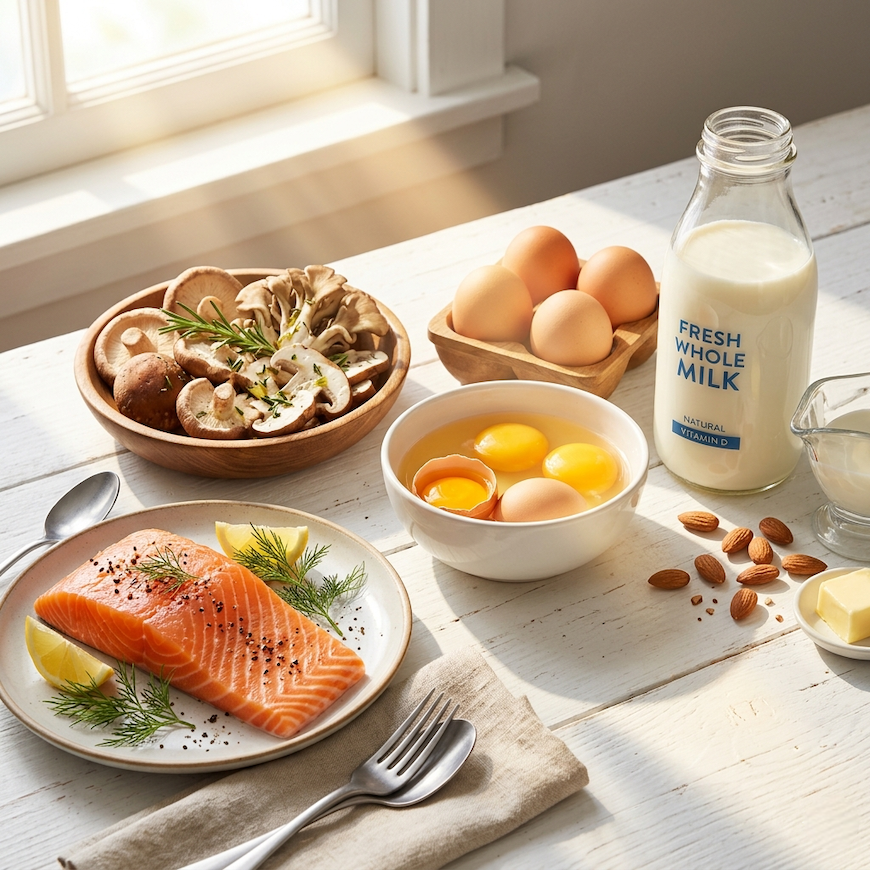 foods high in vitamin D arranged on white surface including salmon mushrooms eggs milk and sunlight beam illustrating natural vitamin D sources