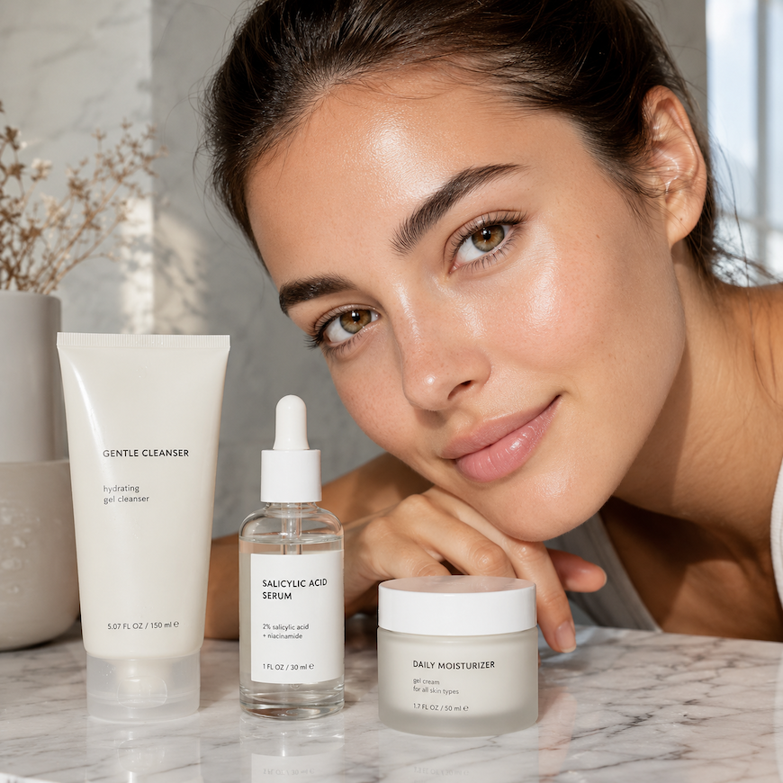 close-up of clear skin face with soft natural light and skincare products — cleanser salicylic acid serum and moisturizer on marble surface - how to get rid of pimples