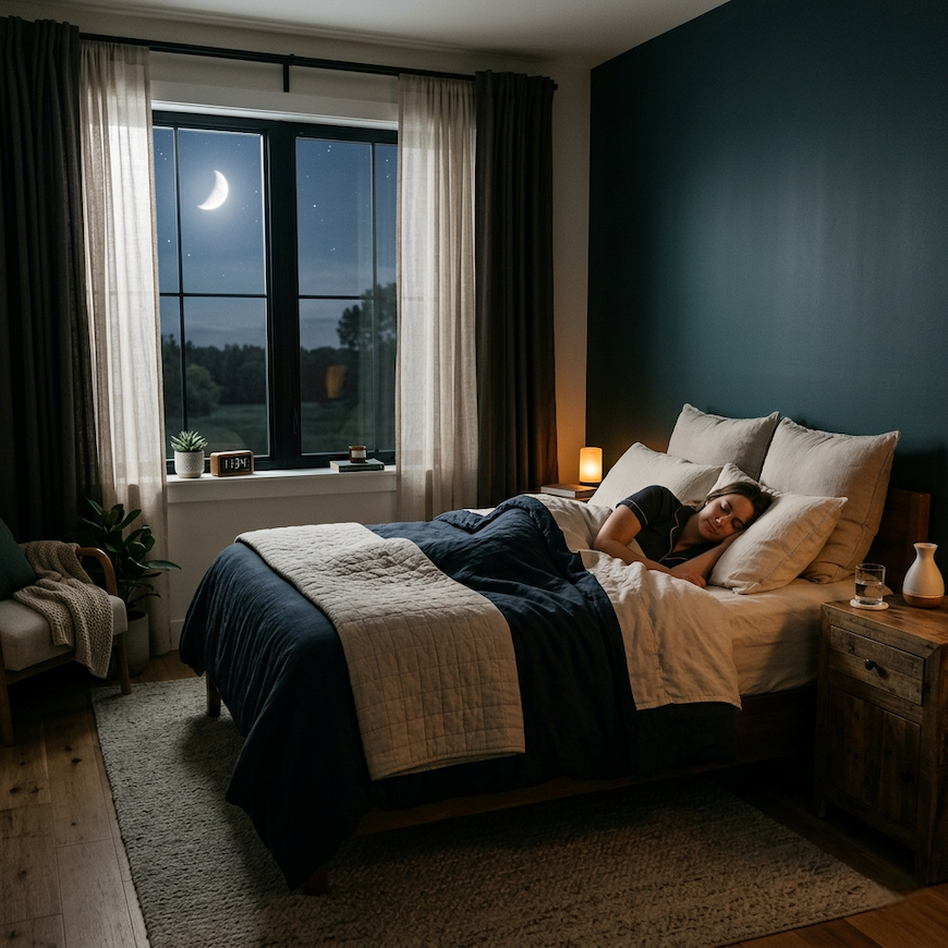 peaceful bedroom at night with moonlight through window representing deep restorative sleep habits and sleep quality improvement - how to get deep sleep