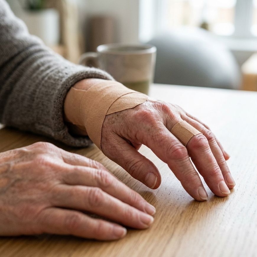 elderly person's hands showing swollen knuckle joints with physical therapy tape on wrist - osteoarthritis pain relief