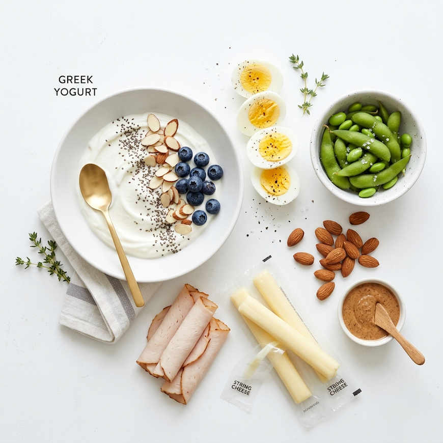 flat lay of high protein snacks including Greek yogurt, hard-boiled eggs, edamame, almonds and string cheese on white background