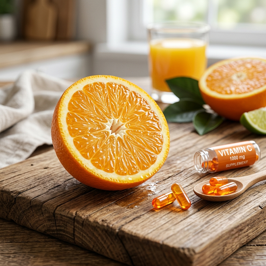 fresh halved orange showing juicy segments with vitamin C capsules beside it on wooden surface - health benefits of oranges