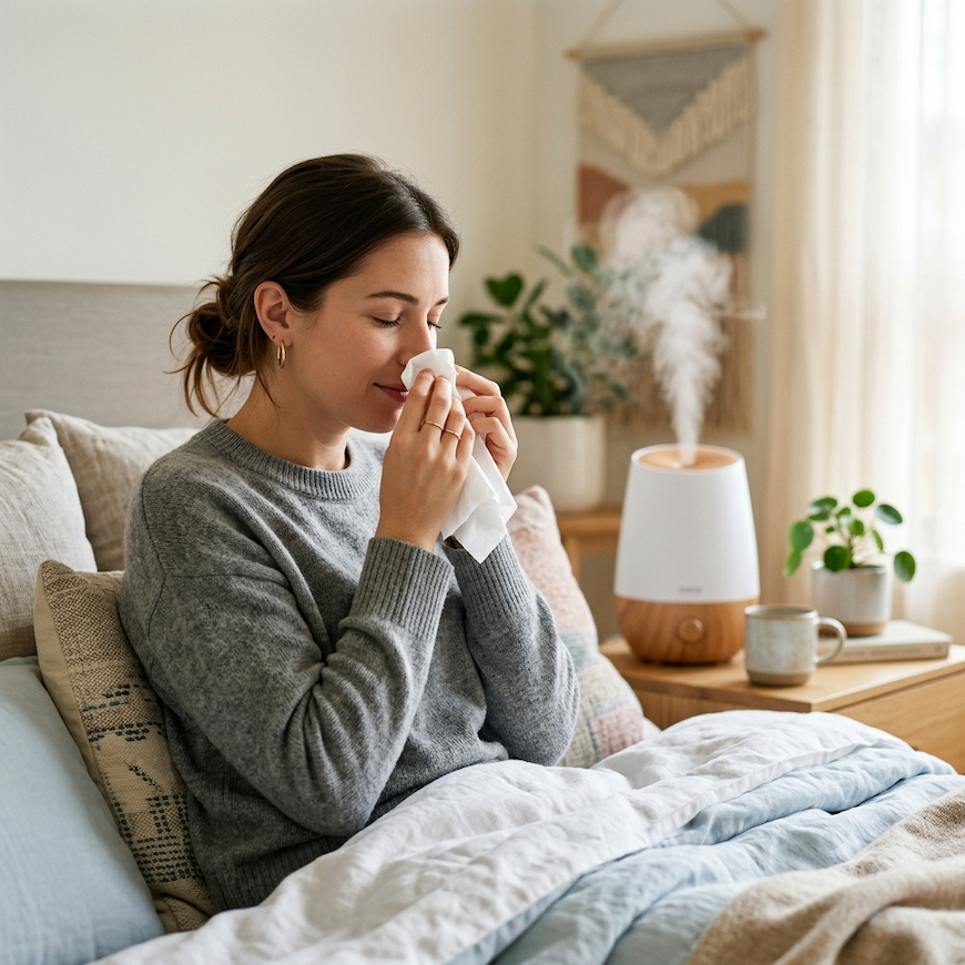 woman with nasal congestion holding tissue near nose with steam humidifier in background