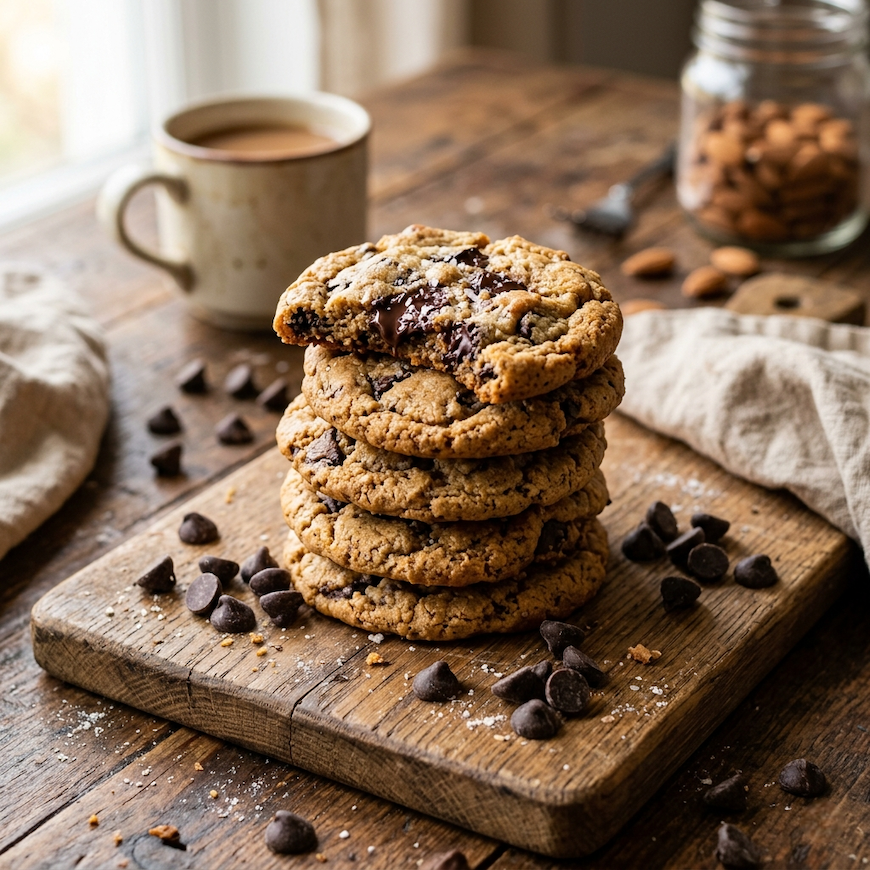 stack of golden-brown healthy chocolate chip cookies made with almond flour on wooden board with dark chocolate chips scattered around