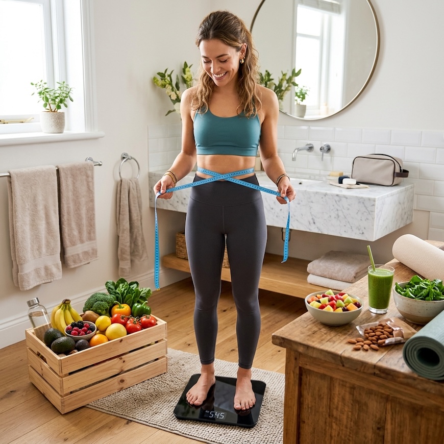 woman standing on bathroom scale with measuring tape and healthy foods around her showing 3-month weight loss progress - how to lose weight in 3 months