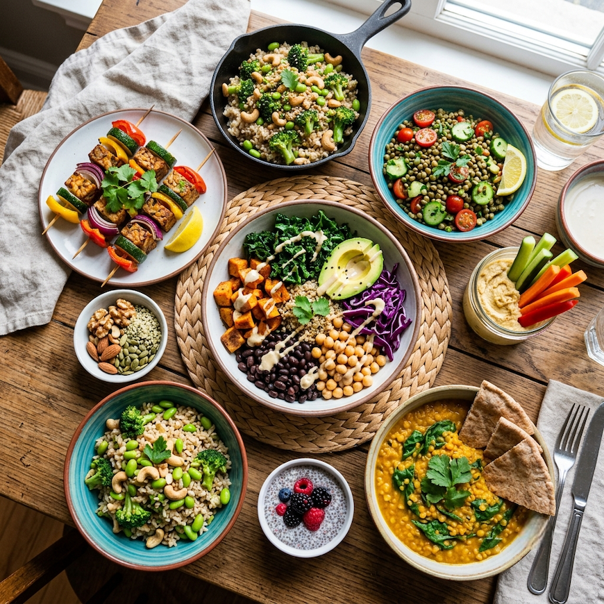colorful plant-based meal spread with vegetables legumes grains and nuts showing what to eat when you stop eating meat nutritionally complete - what happens when you stop eating meat