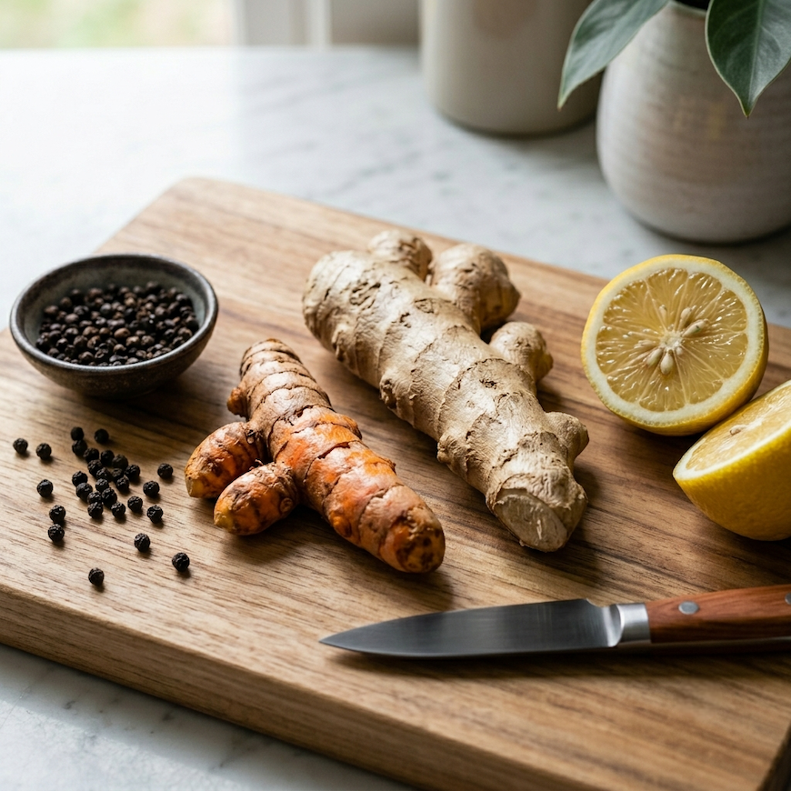 fresh turmeric root and ginger root side by side on wooden board with black pepper and lemon showing key ingredients -Turmeric and Ginger