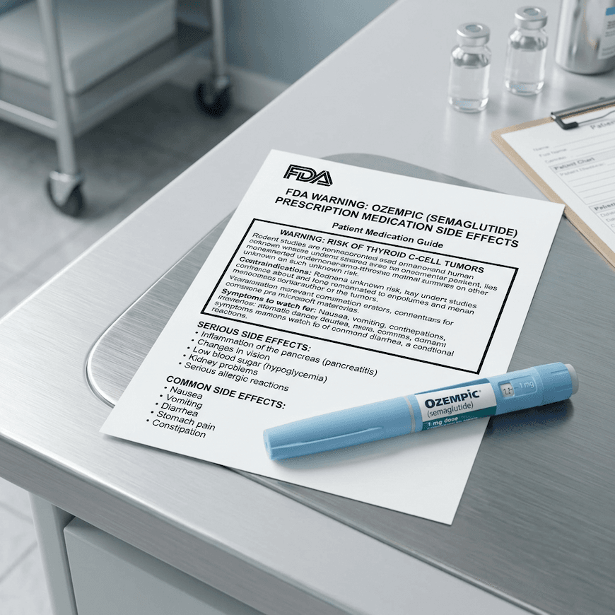 ozempic injection pen on clinical surface with FDA warning document visible showing semaglutide prescription medication ozempic injection pen on clinical surface with FDA warning document visible showing semaglutide prescription medication ozempic side effects
