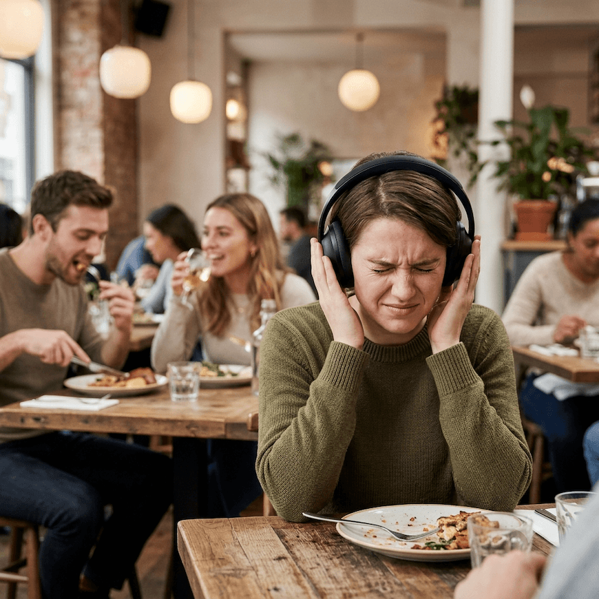 person wearing noise-canceling headphones in distress at a table while others eat nearby showing misophonia trigger response in social situation - misophonia symptoms