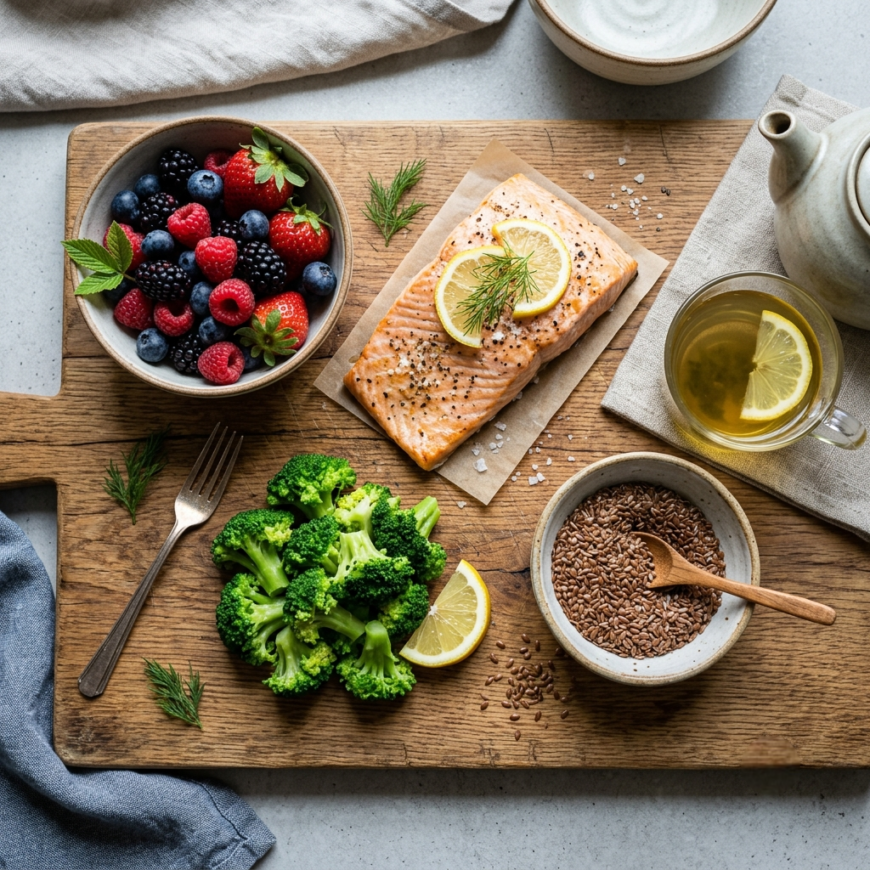 Flat lay of foods for breast health including salmon, flaxseed, broccoli, berries, and green tea arranged on a wooden board