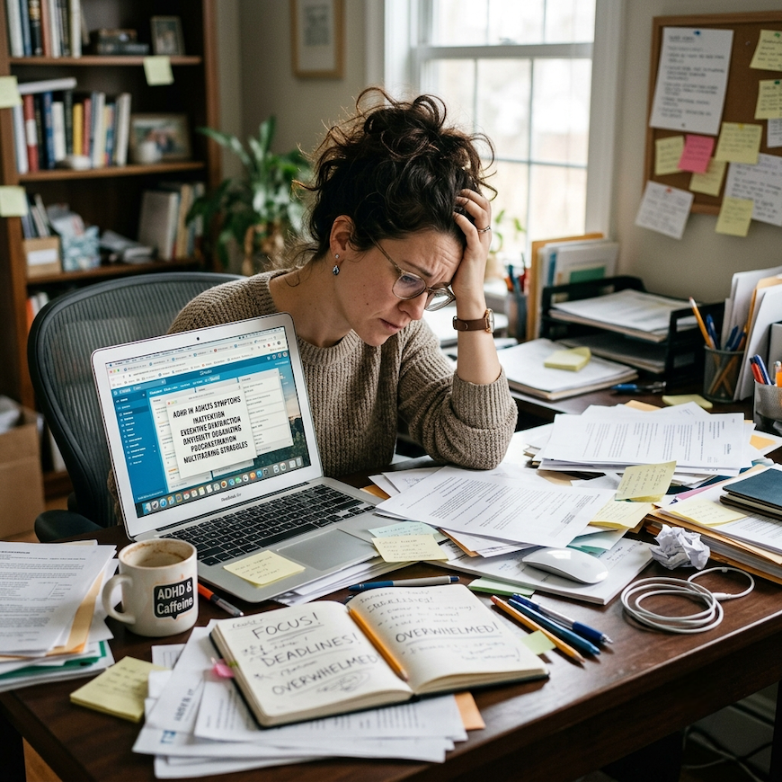 adult woman at desk looking overwhelmed with scattered papers and open laptop showing adhd symptoms in adults including inattention executive dysfunction and difficulty organizing