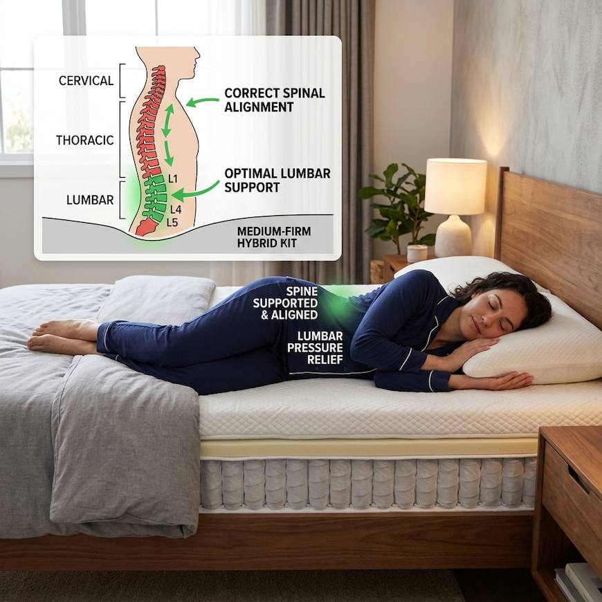 person sleeping on side on medium-firm hybrid mattress with spine alignment diagram showing correct lumbar support for lower back pain relief - mattress for lower back pain