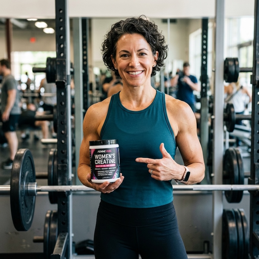 woman in her 40s holding creatine supplement container in gym setting showing creatine benefits for women muscle strength bone density - creatine for women