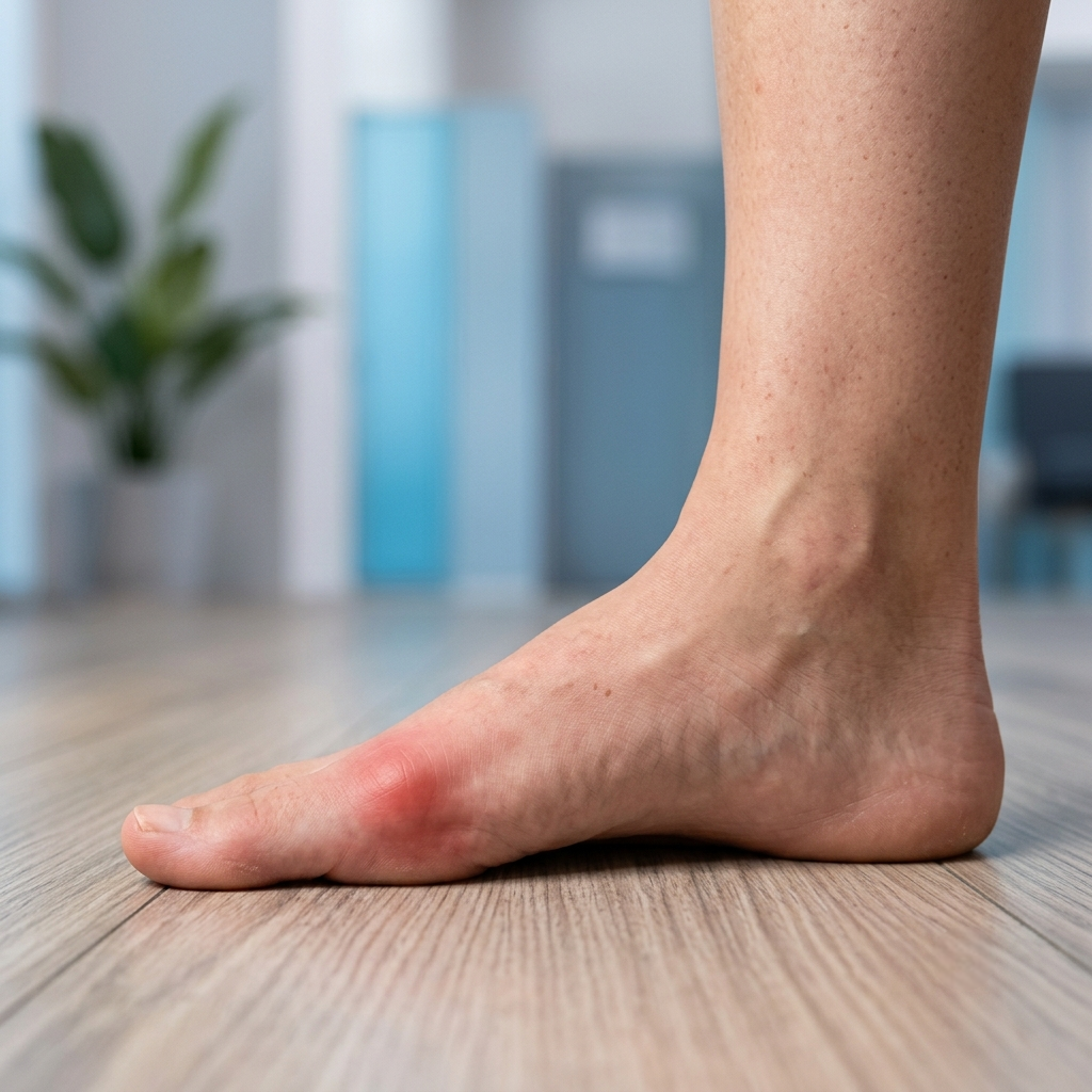 A realistic, close-up photograph of a human right foot from a side profile view, resting on a light-colored wooden floor. - big toe joint pain