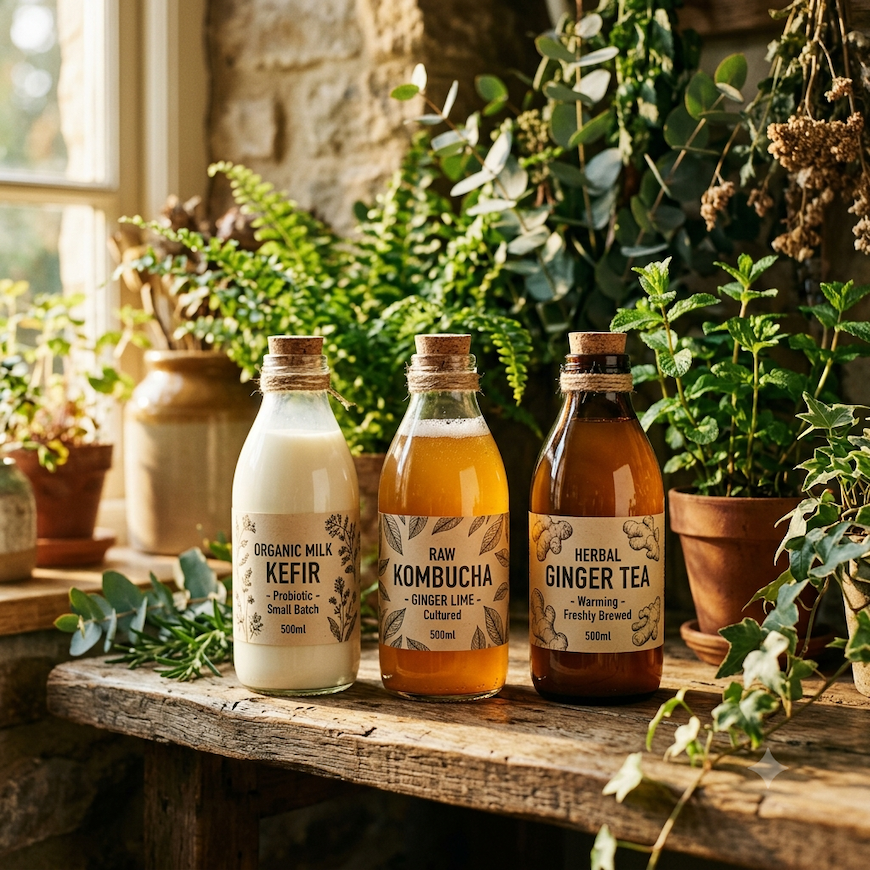 A row of glass bottles — kefir, kombucha, and ginger tea — on a wooden shelf with botanical leaves, amber morning light — gut health drinks ranked