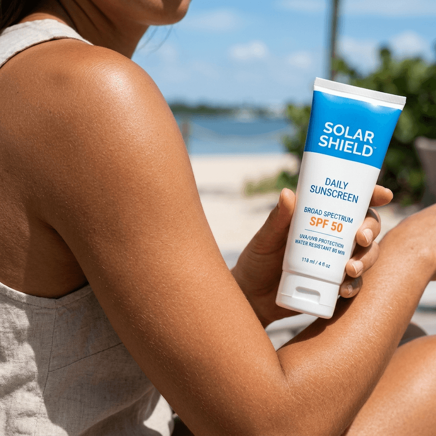 Close-up showing tan skin texture beside sunscreen tube — illustrating why base tans offer only SPF 3–4 protection compared to SPF 30 minimum - are base tans real